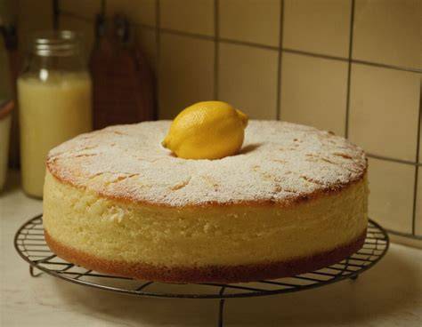 Stimmungsfoto: frisch gebackene Quark-Buttermilch-Torte auf dem Kuchengitter