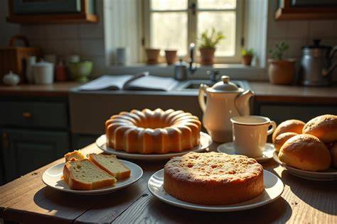 Stimmungsvolle Backstube mit Kuchen, Rührschüsseln und Zutaten