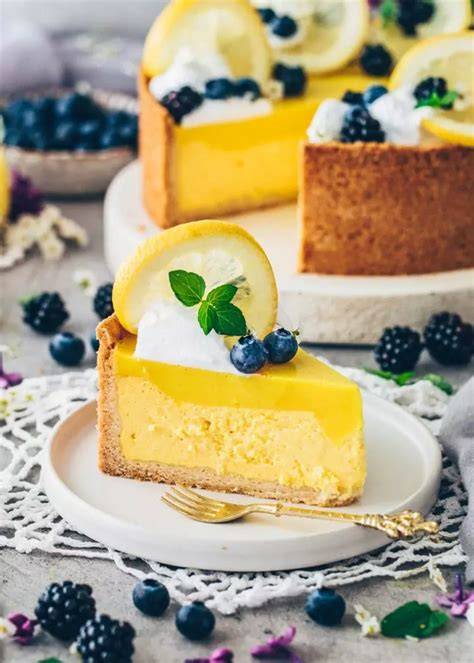 Stimmungsvolle Kuchentafel mit klassischem Käsekuchen, Mürbeteig-Zutaten und Zitronen