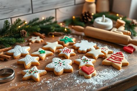 Stimmungsvolle Szene: Lebkuchen-Plätzchen, Ausstechformen, Zuckerguss und Gewürze auf Holztisch