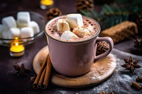 Stimmungsvolles Bild einer dampfenden Tasse Kakao auf Holzbrett mit Gewürzen