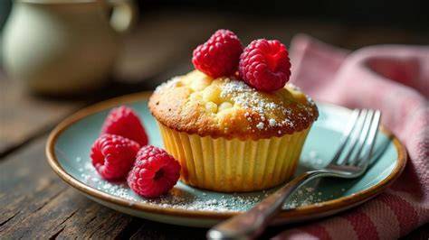 Stimmungsvolles Titelbild: Käsekuchen-Muffins mit frischen Himbeeren auf rustikalem Brett