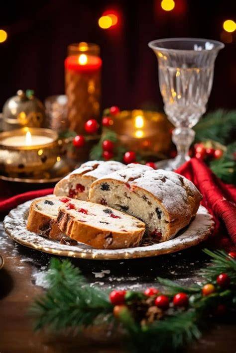 Stollen Butterkuchen serviert auf festlicher Weihnachtstafel mit Tasse Tee