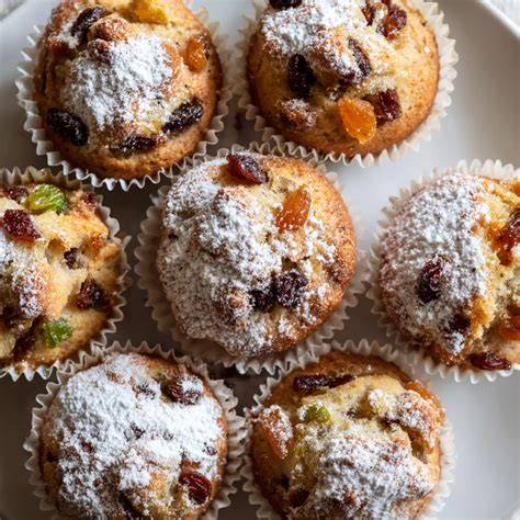 Stollen Muffins mit Puderzucker und Orangenzesten