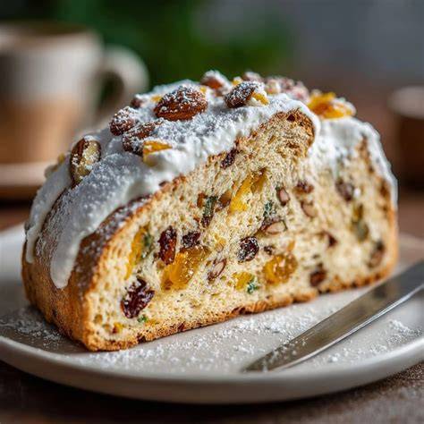 Stollen frisch gebacken, mit Butter bestrichen und dick mit Puderzucker bestäubt