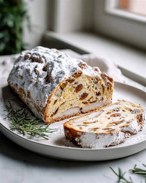 Stollen mit Puderzucker, luftdicht verpackt zum Lagern