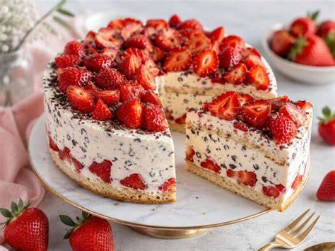 Stracciatella Torte angeschnitten mit Creme und Schokoraspeln