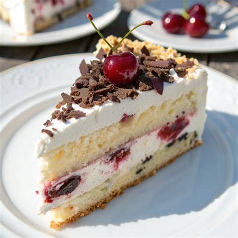 Stracciatella-Kirsch Torte auf Teller, angeschnitten