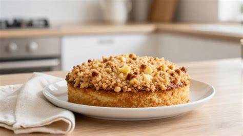 Streuselkuchen im OptiGrill: Querschnitt mit Apfelschichten und geriebenem Teigdeckel