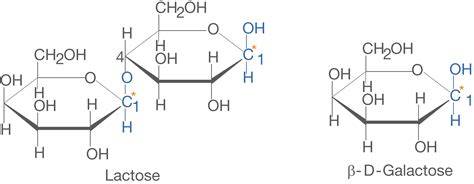 Strukturformel von Laktose: D-Galactose β-1,4 verknüpft mit D-Glucose