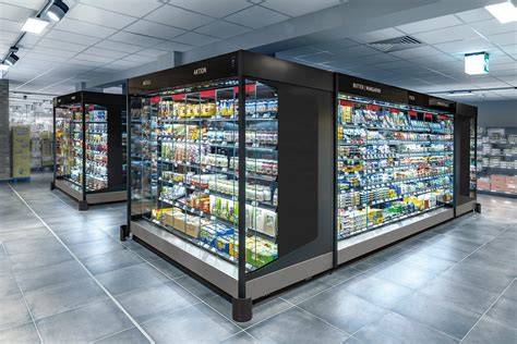 Supermarkt-Kühlregal mit Puddingbechern