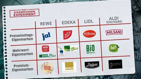 Supermarktregal mit Eigenmarken und Markenartikeln im Vergleich