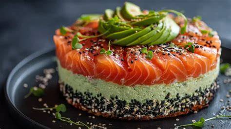Sushi Torte mit Lachs, Avocado und Gurke, fertig angerichtet und präsentiert