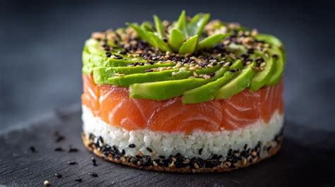 Sushi-Torte, dekoriert mit Radieschen, Surimi, Avocado und Sesam