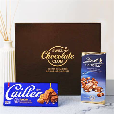 Swiss Chocolate Club Edition Box, stilvolle Verpackung und Inhaltsübersicht