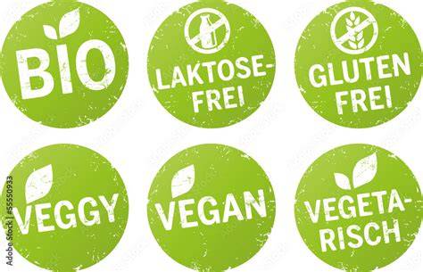Symbole: Glutenfrei, Laktosefrei, Vegan, Vegetarisch