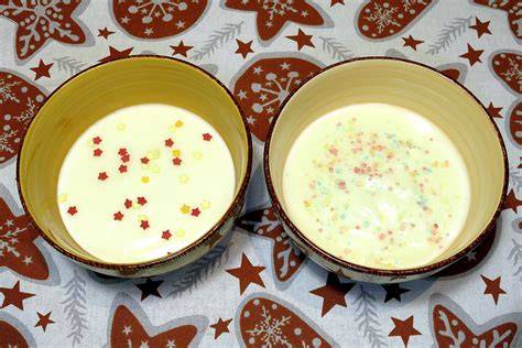 Symbole: Schale mit Vla und Pudding nebeneinander, Unterschiede visualisiert