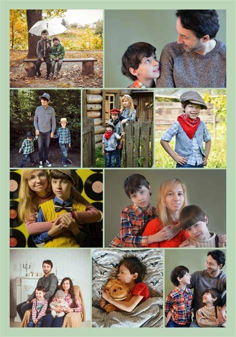 Symbolische Collage: Schokolade, Küste, Familienfotos und Zeitungsausschnitte