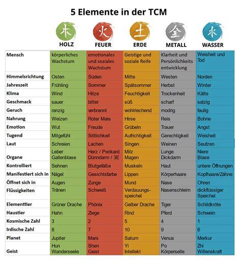 Tabelle: Elemente und zugeordnete Nahrungsmittel in der TCM