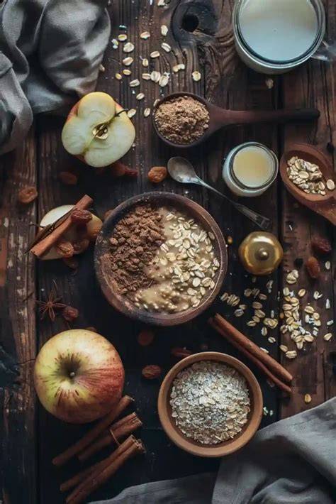 Tabletop: Zutatenübersicht mit Äpfeln, Vanille, Zimt und Milch