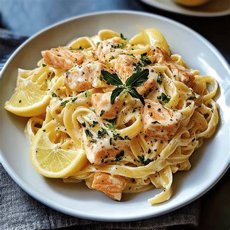 Tagliatelle mit Trüffel und Lachs, angerichtet auf dem Teller