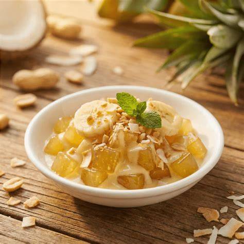 Tapiokapudding mit Bananensauce und gerösteten Erdnüssen