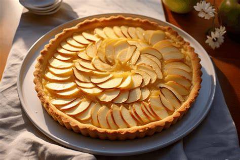 Tarte aux pommes in Tarteform, fächerförmig belegte Apfelscheiben