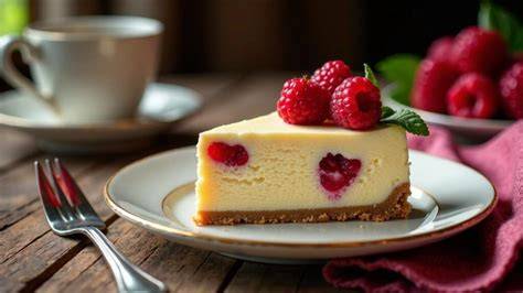 Tassenkäsekuchen auf einem Teller mit Himbeeren