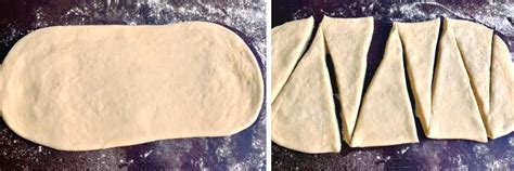 Teig ausrollen, Dreiecke zuschneiden, Croissants formen