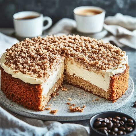 Teller mit dünn geschnittener Mocca-Torte und Cappuccino
