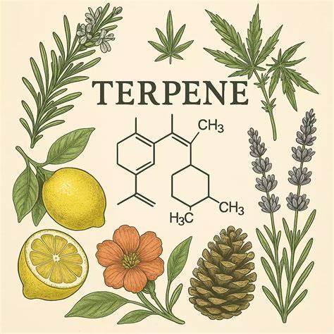 Terpenprofil-Infografik: Limonen, Caryophyllen, Linalool, Myrcen