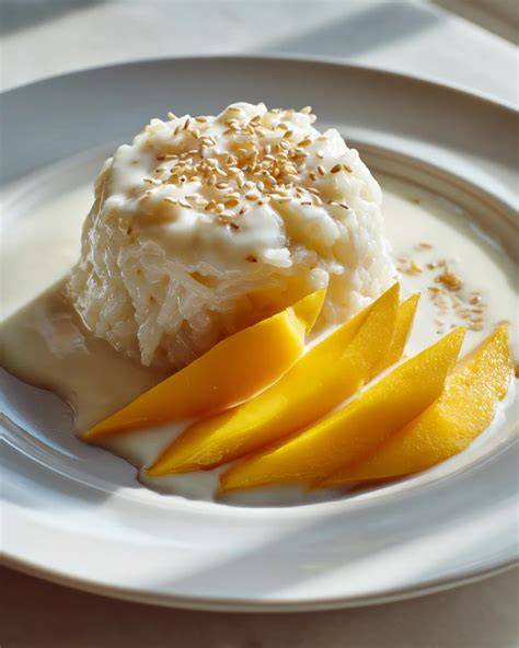 Thailändisches Mango Sticky Rice Dessert mit Kokosmilch und frischen Mangoscheiben