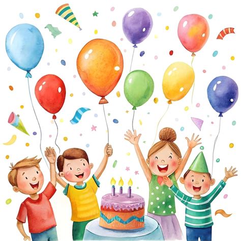 Thema: Kinder feiern Geburtstag mit Kuchen und Ballons