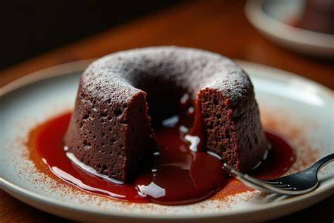 Thema: Kleiner, flüssiger Lava Kuchen auf Teller mit Löffel