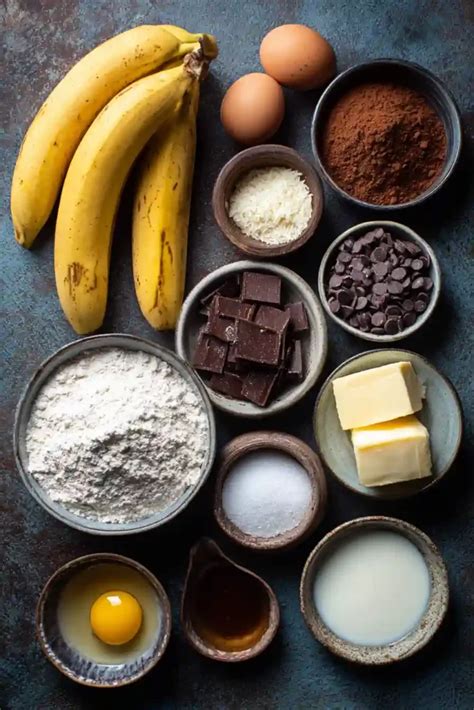 Thermomix und Zutaten für Schoko-Bananenkuchen (Bananen, Kakao, Schokodrops, Nüsse)