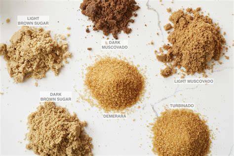 Three types of sugar: muscovado, demerara, white cane sugar