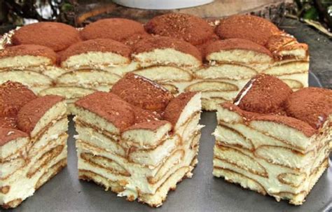 Tiramisu-Torte mit Löffelbiskuits und Kakao bestreut