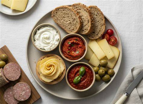 Toastscheiben mit verschiedenen cremigen Aufstrichen und frischen Gurkenstreifen dekoriert