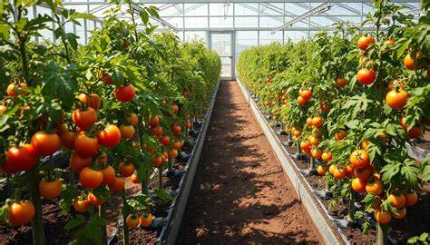Tomaten im Gewächshaus an Schnüren hochgebunden