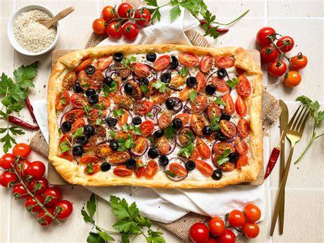 Tomaten-Tarte auf Blätterteig mit Mascarpone und karamellisiertem Knoblauch