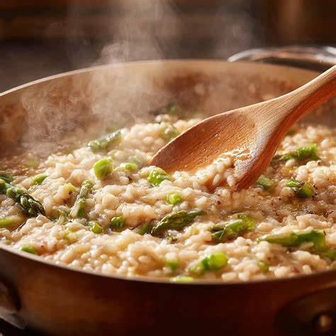 Topf mit cremigem Risotto beim Rühren