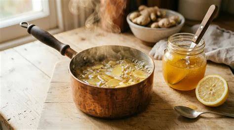 Topf mit köchelndem Sirup und Ingwerstücken