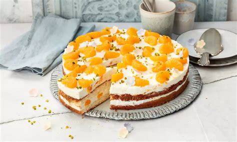 Torte garniert mit Mandarinen- oder Pfirsichstücken und Puderzucker auf der Spitze