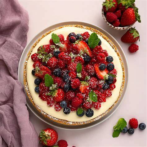 Torte mit Mandelboden, Creme und Beeren