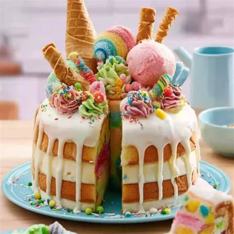 Tortenstück: Schnittbild der Zuckertüten-Torte mit Ganache und bunter Deko
