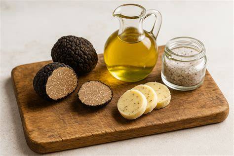 Trüffelöl und frische Trüffel auf Holzbrett