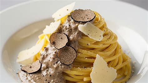 Trüffelhobel und frisch gehobelter Trüffel über Pasta