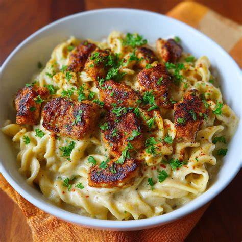 Trüffelnudeln mit cremiger Sauce und Petersilie garniert