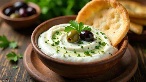 Traditionelle griechische Zutaten: Feta, Joghurt, Honig und Oliven auf einem Tisch