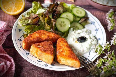 Typische griechische Taverne mit Saganaki (gebackenem Feta)